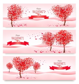 Three Holiday banners. Valentine trees with heart-shaped leaves. Vector 