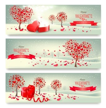 Holiday retro banners. Valentine trees with heart-shaped leaves. Vector 