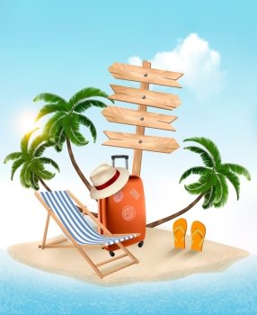 Beach with a palm tree, wooden sign and a beach chair. Summer vacation concept background. Vector.