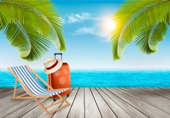 Vacation background. Beach with palm trees and blue sea. Vector.