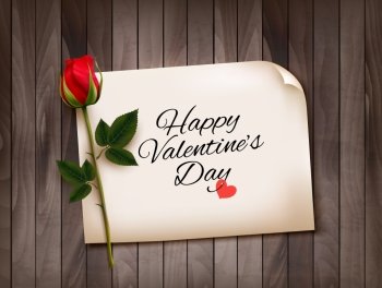 Happy Valentine’s Day background with a note on a wooden wall and a red rose. Vector.