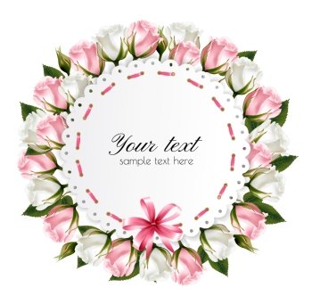 Flower background made out of pink and white flowers with a pink ribbon. Vector. 