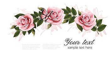 Flower frame with beauty pink roses. Vector.
