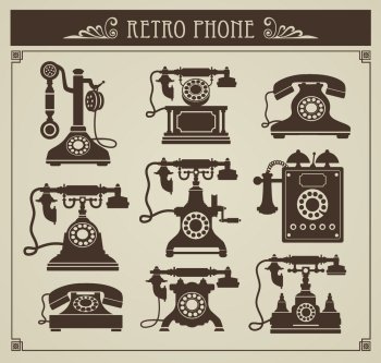 The set of vector vintage phones on a gray background
