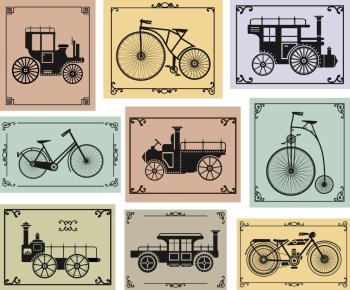 Vector set of old bikes and cars on a colorful background