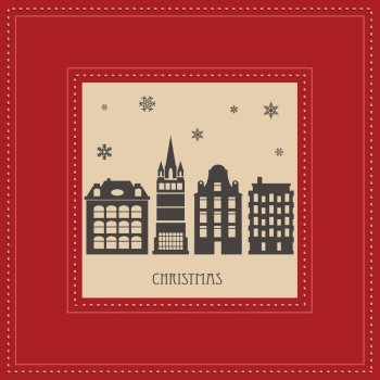 Vector Christmas card with a picture of the city in red