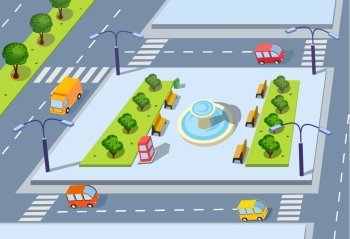 Isometric projection of the vector of the city with  cars