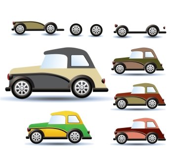 Various variants of a car on a white background