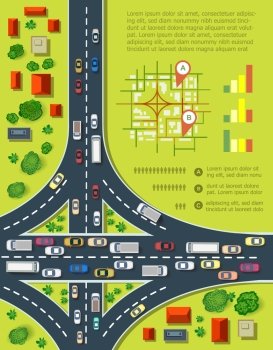 Road infographics with highways with lots of cars. Map of traffic congestion and urban transport. Top view of the city with houses and highways.