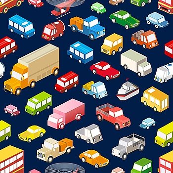 Seamless repeating background of various isometric vehicles, cars, buses and trucks