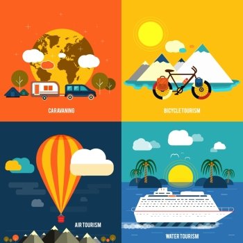 Icons set of traveling, planning a summer vacation, tourism and journey objects and passenger luggage in flat design. Different types of travel
