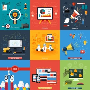 Icons for web design, seo, social media and pay per click internet advertising, analytics, business, management, marketing, adaptive design, digital marketing  in flat design