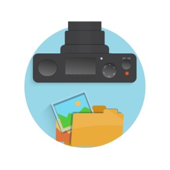 Photograph icon of camera, folder and photo in flat design style