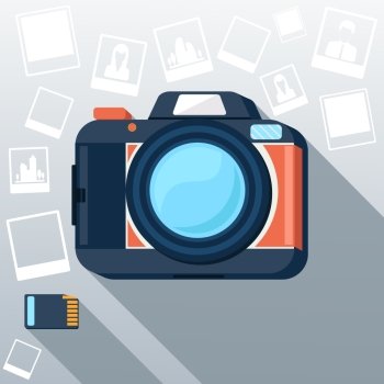 Photo camera with pictures on background and memory card cartoon flat design long shadow style