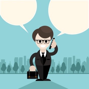 Happy businessman holding phone in his hand near head and talking bubble other hand holding briefcase with documents on city background cartoon design style