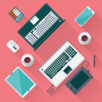 Office desk with laptop, notepad, tablet, smartphone and coffee cup top view background in flat design style