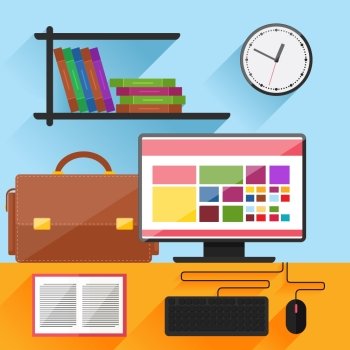 Concept for home office or workplace for online education with computer, briefcase and books in flat design