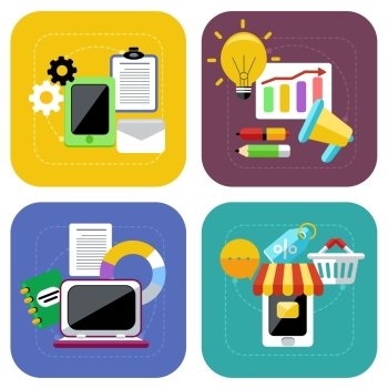 Concept icon set in flat design for internet marketing and ecommerce and online shopping on colorful backgrounds isolated on white