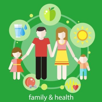 Set of healthy icons in flat design around famile. Healthy family concept. Healthy family concept