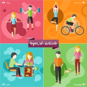 Types of activity. High, normal, low and average active. Healthy lifestyles daily routine tips stick figure in flat design style on four multicolor banners