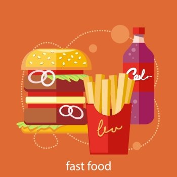 Fast food icons of french fries hamburger soda drink in flat design on stylish banner background. Fast food icons
