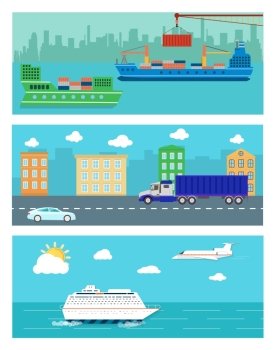 Delivery of the ship, maritime shipping mail and logistics network flat design concepts on banners. Shipping, delivery car, ship on stylish background