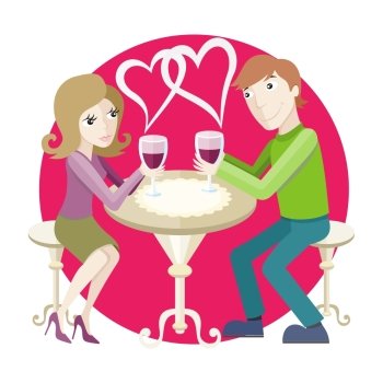 St Valentine concept. Young happy amorous couple with glasses of redwine on romantic date at restaurant.. Date at restaurant