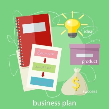 Business plan concept icons in flat style. Product idea. Project management and strategy.. Business plan concept