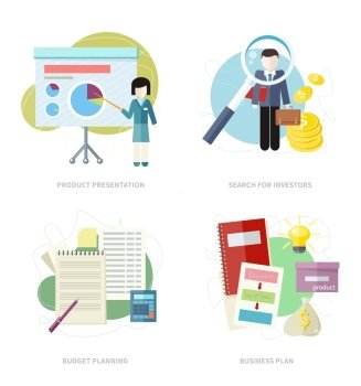 businesswoman presenting development and financial planning on meeting conference. Product presentation. Search for investors concept. Business plan concept icons in flat style. Budget planning concept