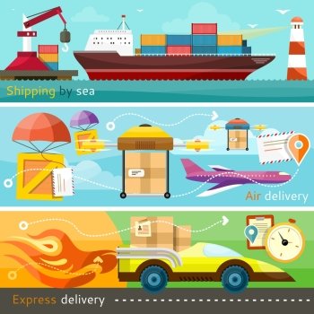 Air mail, delivery of the ship, maritime shipping and logistics network flat design concepts on banners. Shipping, delivery car, ship, plane transport and express delivery.