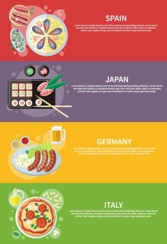 Oktoberfest germany food. Paella traditional Spanish meal with rice and seafood. Spain food concept. Italian food. Pizza with its ingredients. Japanese sushi traditional japanese food. Concept in flat design