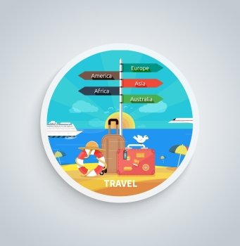 Icons set of traveling, planning a summer vacation, tourism and journey objects and passenger luggage in flat design. Different types of travel. Business travel concept on round banner