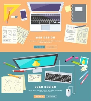 Designer office workspace with tools and devices in modern flat style. Creative process, logo and graphic design, design agency. Top view banner