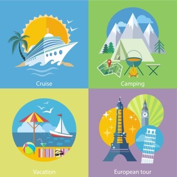 European traveling tour. Traveling, planning summer vacation, tourism and journey objects and passenger luggage in flat design. Cruise ship in clear blue water with palm tree. Camping tent near fire