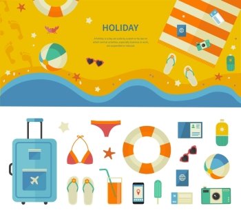Summertime traveling template with beach summer accessories, illustration and icon set flat design of traveling, holiday. For web banners, promotional materials, presentation templates