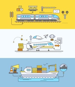 Concept of Freight Forwarding rail by sea and air. Transport delivery, shipping import industry, distribution and logistic, export railway transportation. Set of thin, lines, outline flat icons
