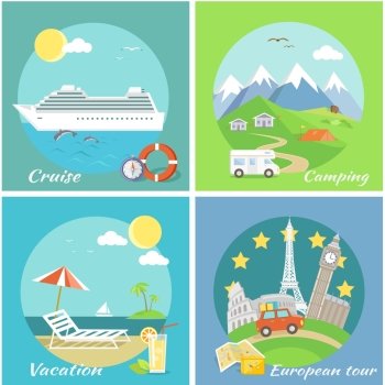 Set concept vacation camping cruise. European tour, tourism travel, summer holiday, journey and ship, mountain and voyage, transport and recreation, adventure beach illustration