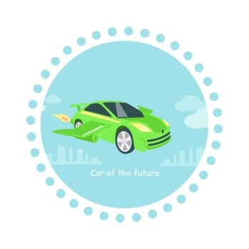 Car of future icon flat isolated. Vehicle and technology transportation, automobile transport, energy power, auto industry, drive logo, driving innovation, efficiency and sedan illustration