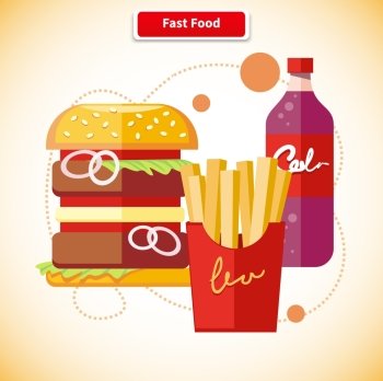 Fast food icons of french fries hamburger soda drink in flat design on stylish banner background. Fast food restaurant, food, hamburger, burger, fast, restaurant, junk food