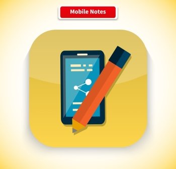 Mobile notes app icon flat style design. Notepad icon, notebook icon, pen icon, pencil icon, memo icon, phone technology, business smartphone, screen application, app  telephone illustration