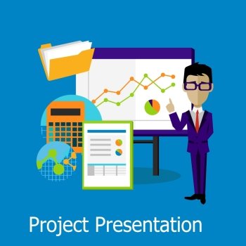 Project presentation concept design style. Project management, project plan, project icon, business presentation, meeting or conference or seminar, office projection, information show illustration
