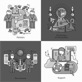 Concept of partnership recruitment and production support. People on work flow process, organization job, strategy and team professional, growth and management illustration. White black