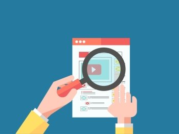 Magnifying Glass Data Analysis. Data analysis concept on blue background. Magnifying glass with video player. Hand holding a magnifying glass at the monitor with the video in browser 