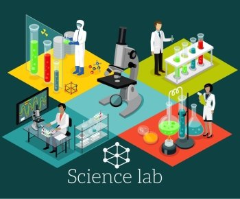 Science lab isomatric design flat. Science and scientist, science laboratory, lab chemistry, research scientific, microscope and experiment, chemical lab science test, technology illustration