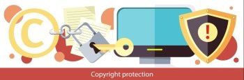Copyright protection design flat. Copyright and protection, intellectual property, copyright symbol, patent and copyright law, piracy business, law property, secure mark license illustration