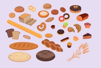 Bakery products set flat design. Bread and bakery, bakery shop, cake and baking, pastry cupcake, bakery products, roll and donut bakery, product bakery, food bakery, breakfast bakery illustration