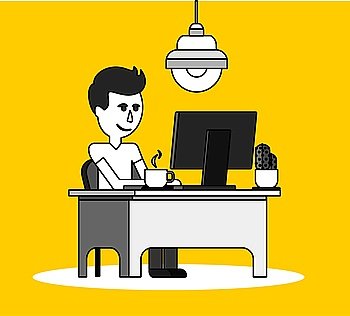 Man work with computer design flat. Computer and business man worker, man in office desk, businessman person at table workplace, character work manager vector illustration. Black on yellow