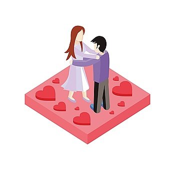 Young love couple dance isometric style design. 3d people romance woman and man dancing on place with heart, love couple  boy and girl isometric design embracing with passion, vector illustration