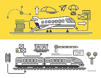 Freight Forwarding by air and rail by train. Transport delivery, shipping import industry, distribution and logistic, export railway transportation. Set of thin, lines, outline flat icons