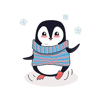 Animal penguin design flat. Bird penguin vector, cartoon polar animal winter isolated, penguin in scarf, wild penguin character illustration